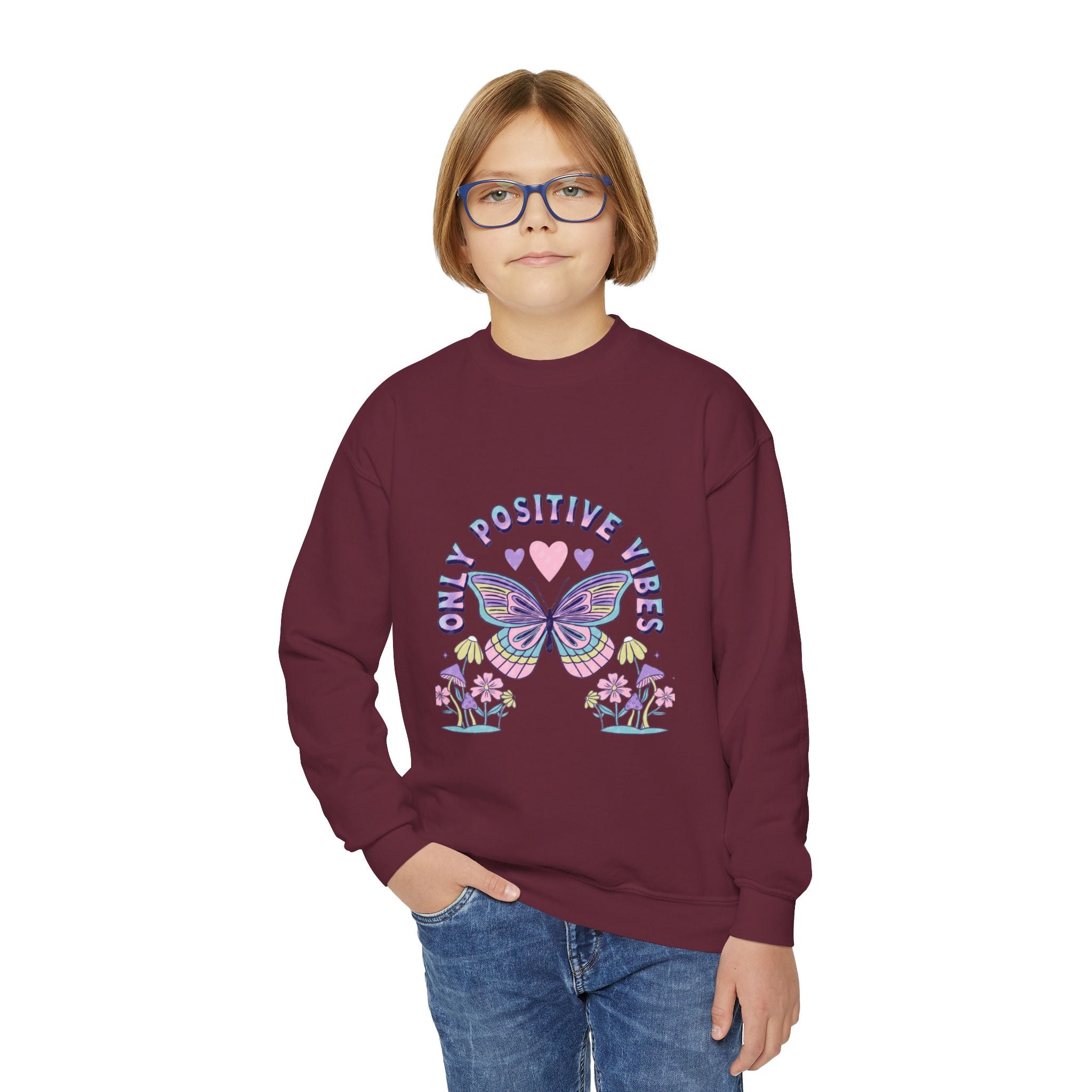 Youth Crewneck Sweatshirt — "Chill & Positive Vibes" Butterfly Graphic