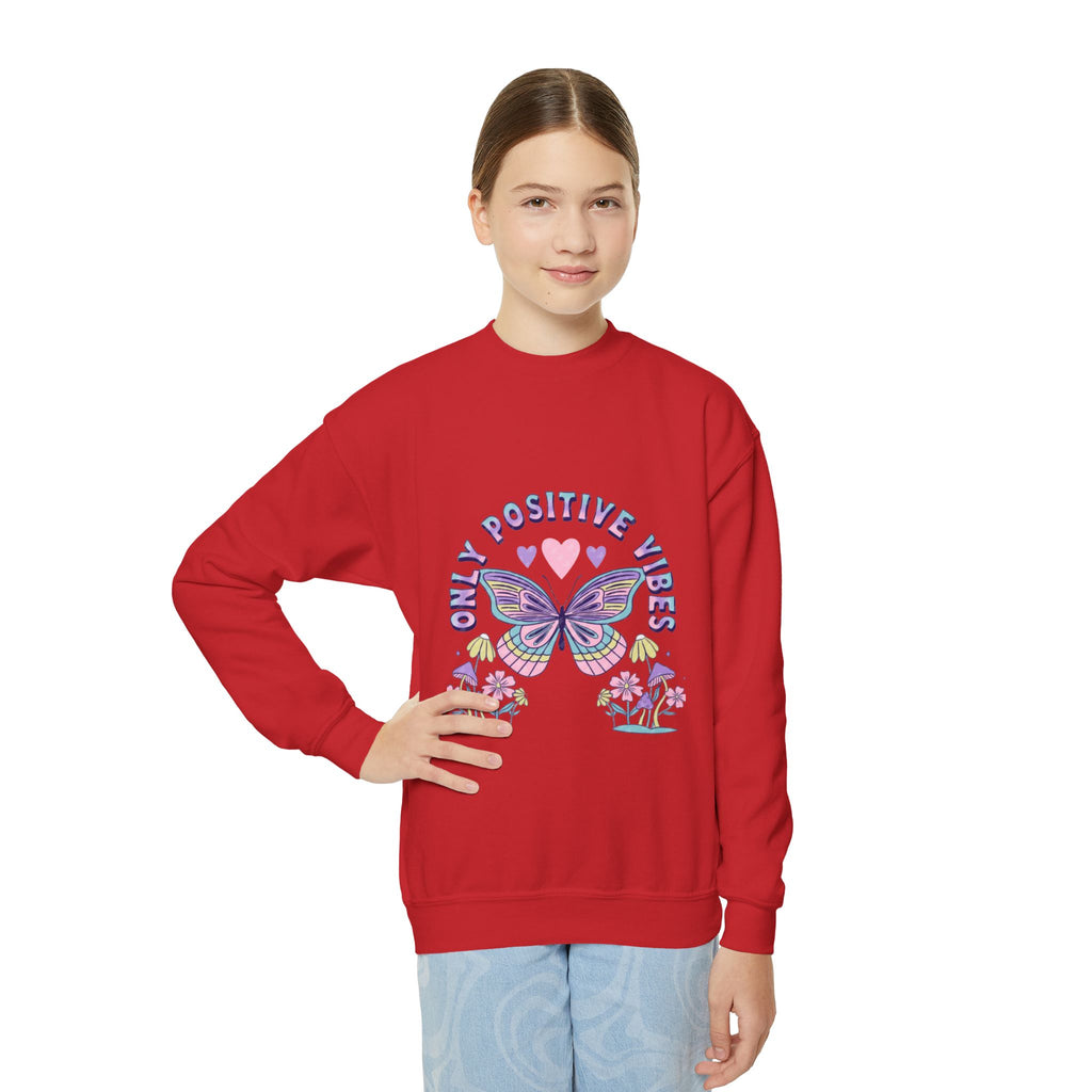 Youth Crewneck Sweatshirt — "Chill & Positive Vibes" Butterfly Graphic