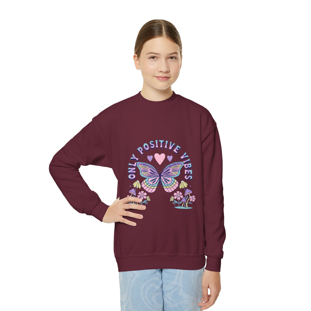Youth Crewneck Sweatshirt — "Chill & Positive Vibes" Butterfly Graphic