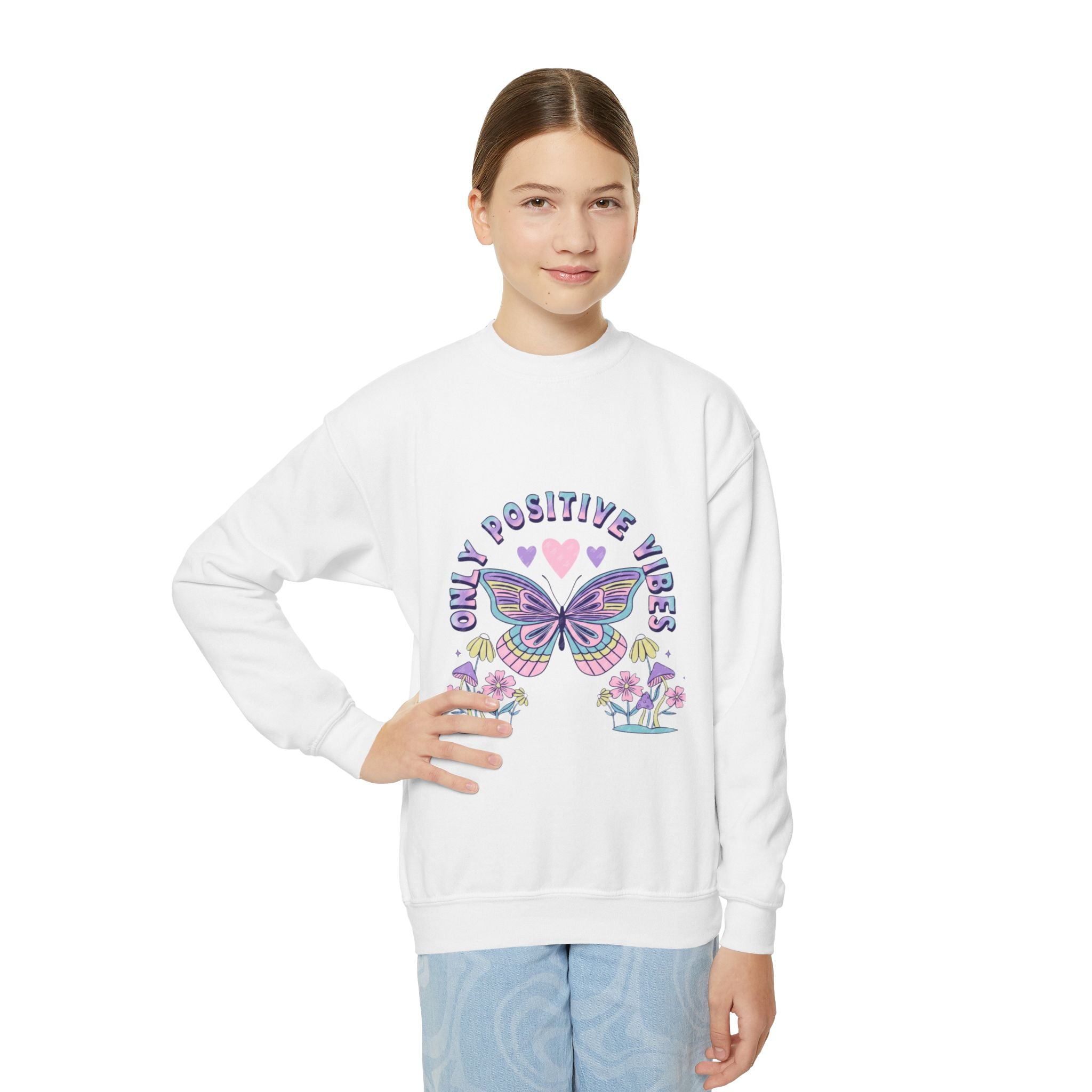 Youth Crewneck Sweatshirt — "Chill & Positive Vibes" Butterfly Graphic