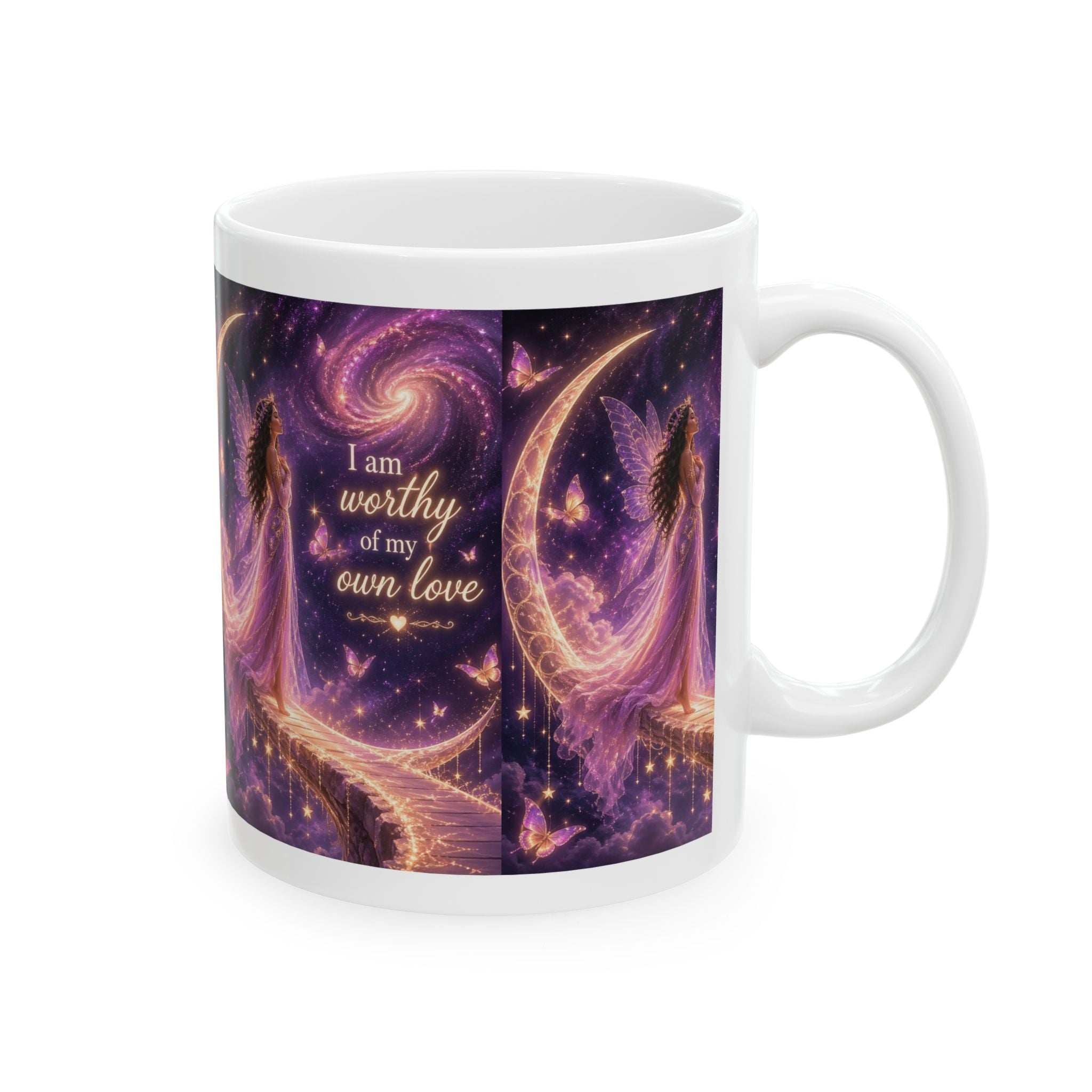 Inspirational Ceramic Mug – “I am worthy of my own love” Purple Fairy Night