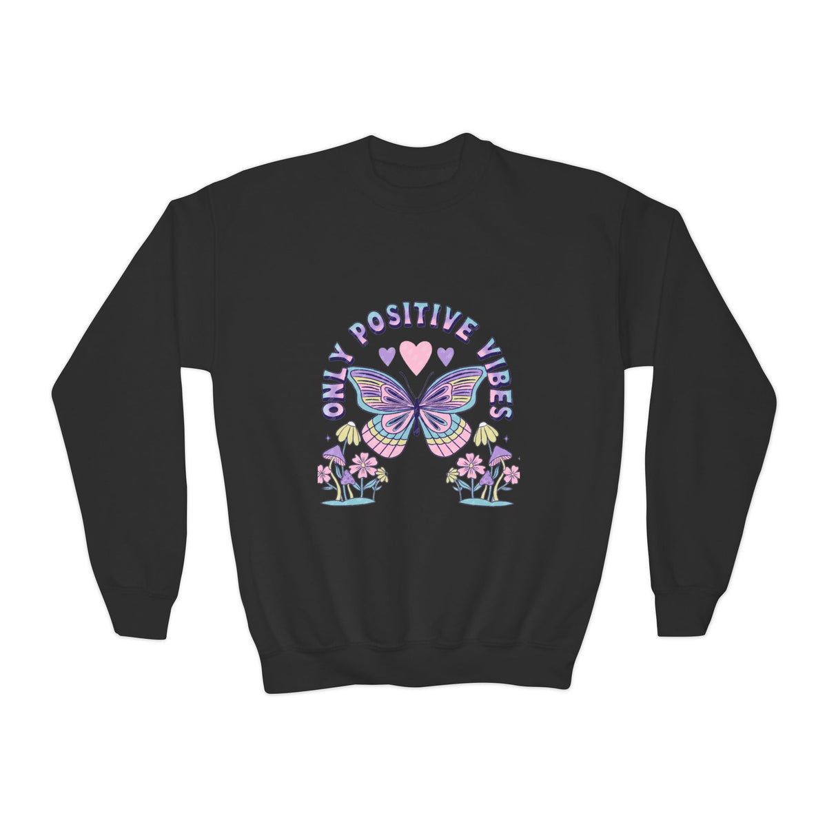 Youth Crewneck Sweatshirt — "Chill & Positive Vibes" Butterfly Graphic