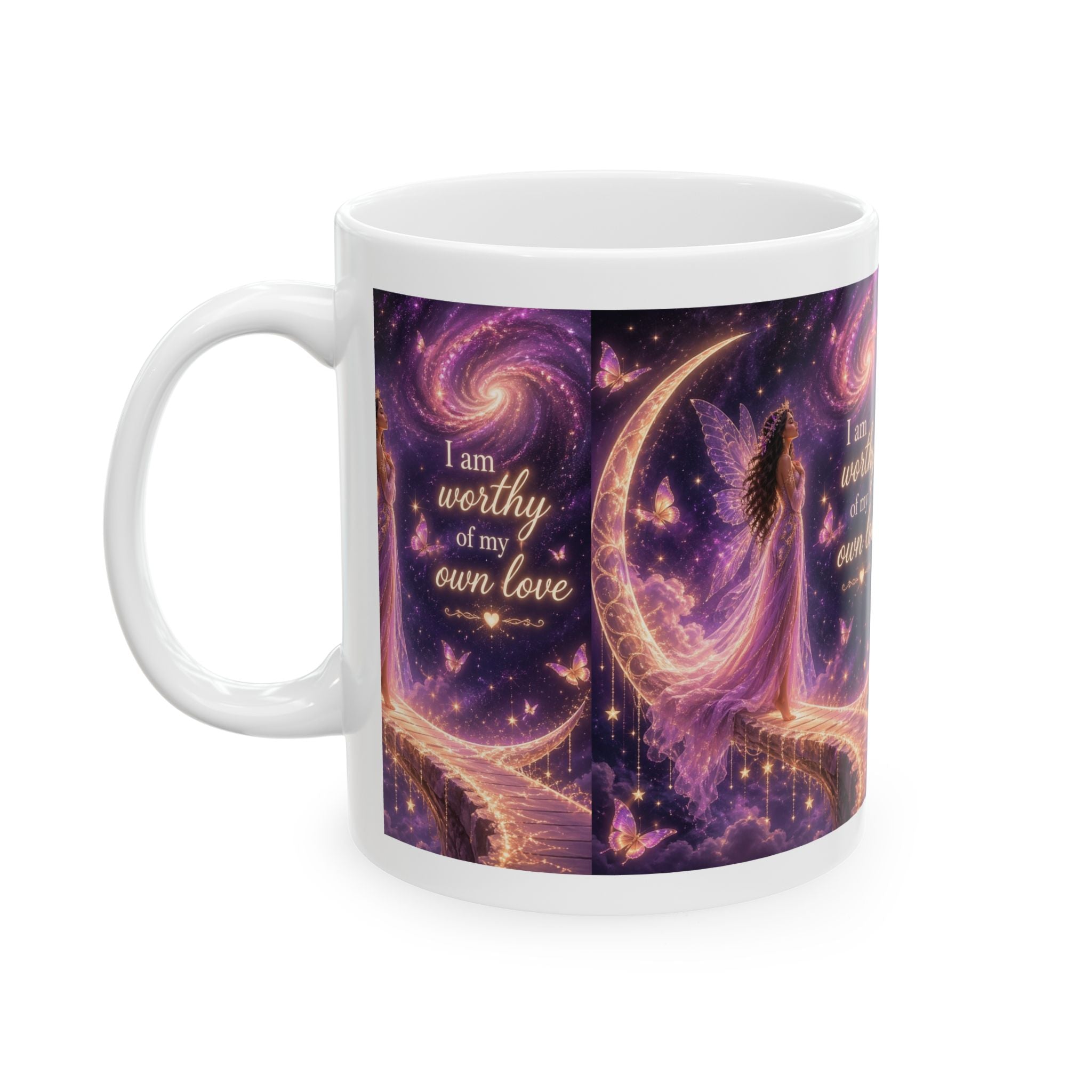 Inspirational Ceramic Mug – “I am worthy of my own love” Purple Fairy Night