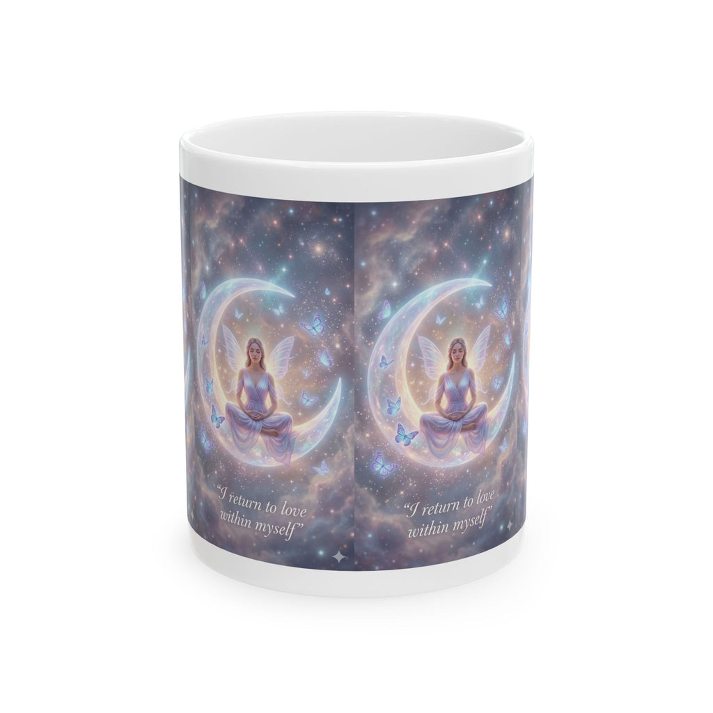 Meditation Moon Ceramic Mug – "I return to love within myself" Inspirational Spiritual Coffee Cup (11oz/15oz)