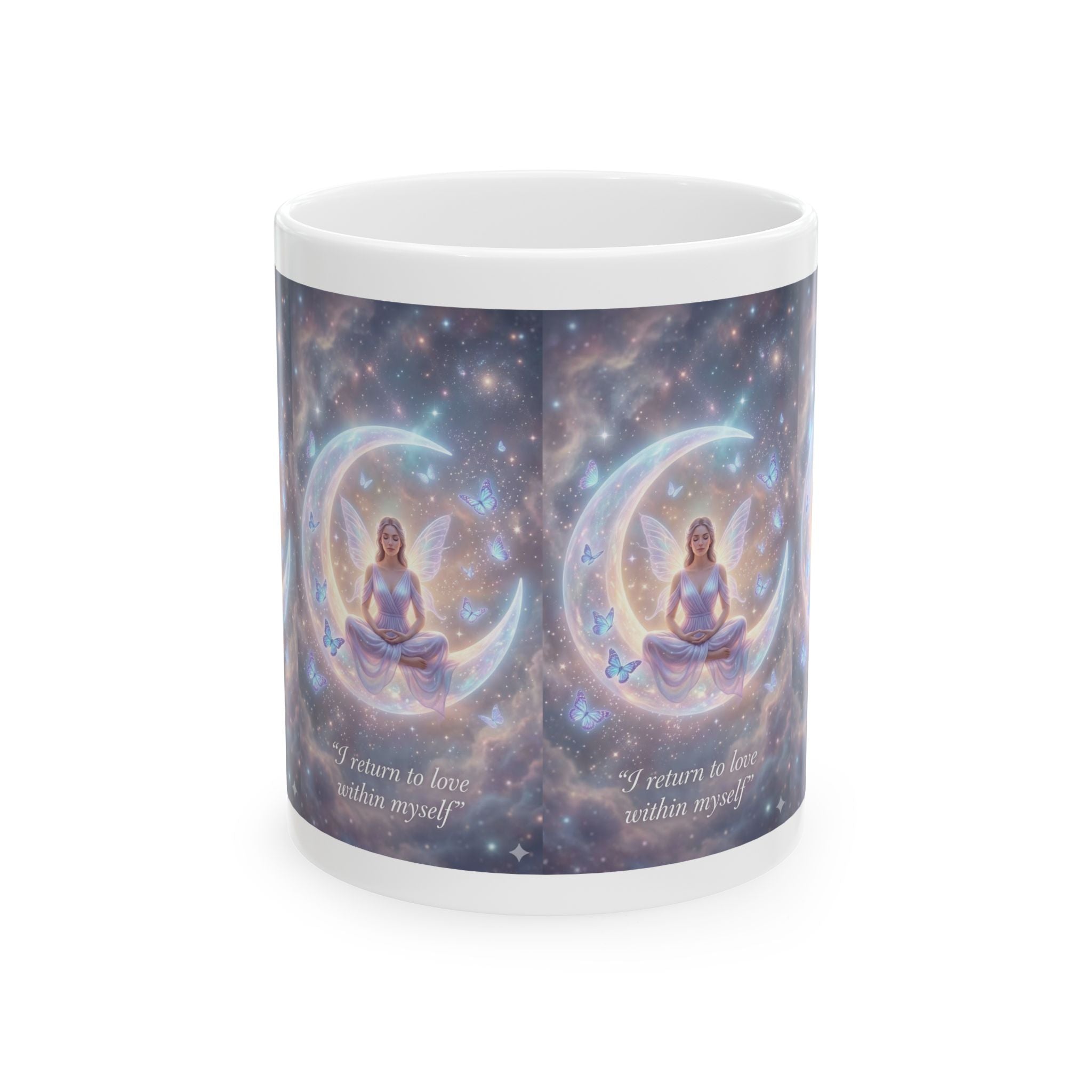 Meditation Moon Ceramic Mug – "I return to love within myself" Inspirational Spiritual Coffee Cup (11oz/15oz)