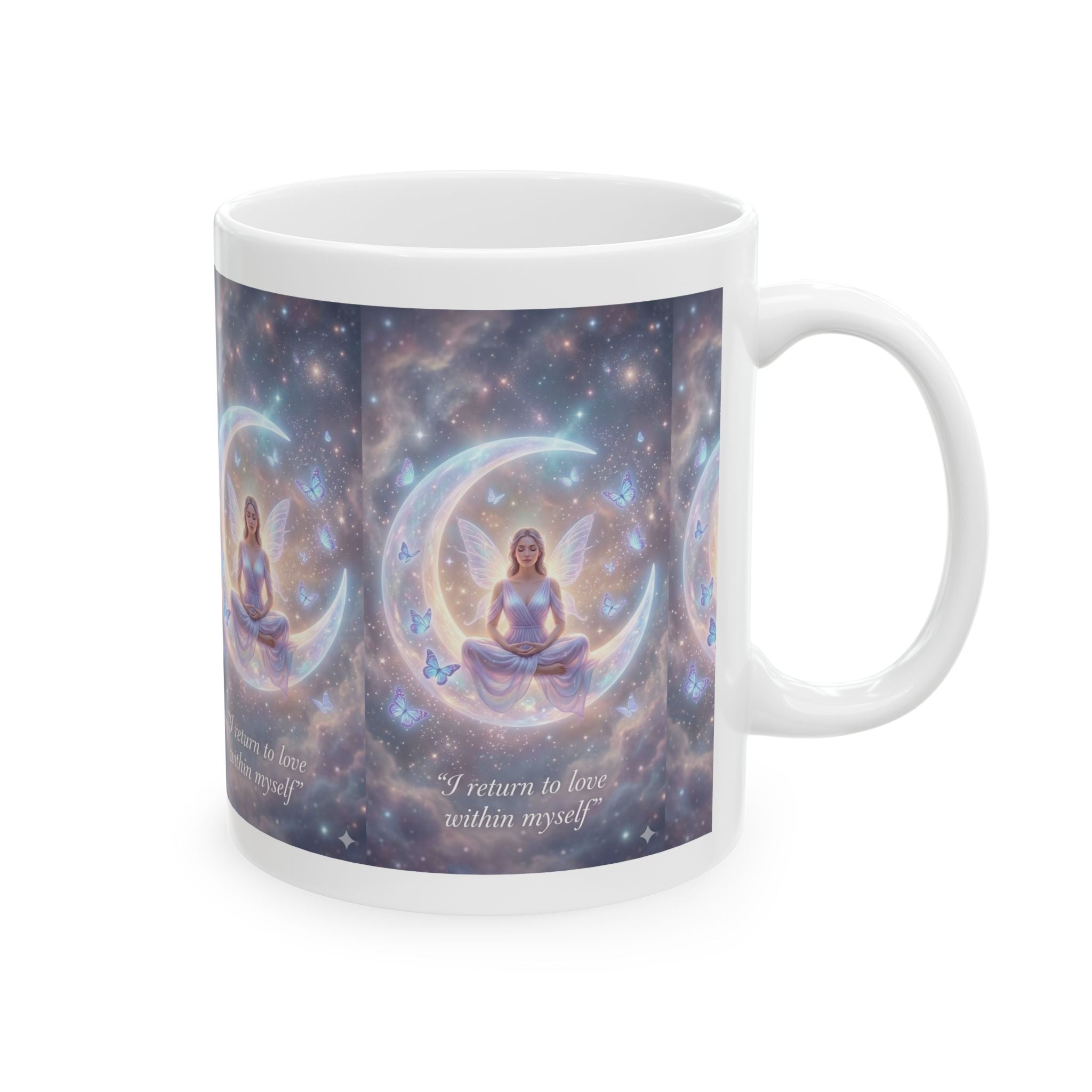 Meditation Moon Ceramic Mug – "I return to love within myself" Inspirational Spiritual Coffee Cup (11oz/15oz)