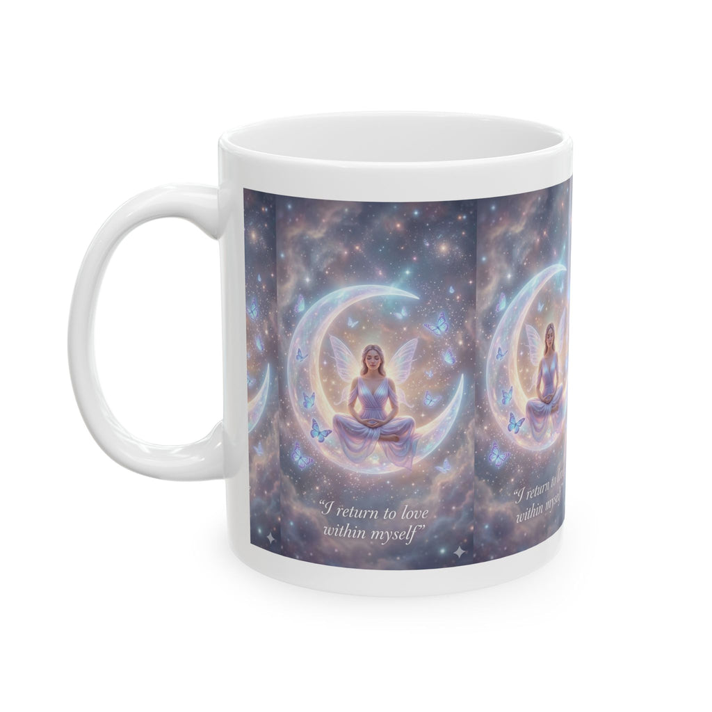 Meditation Moon Ceramic Mug – "I return to love within myself" Inspirational Spiritual Coffee Cup (11oz/15oz)