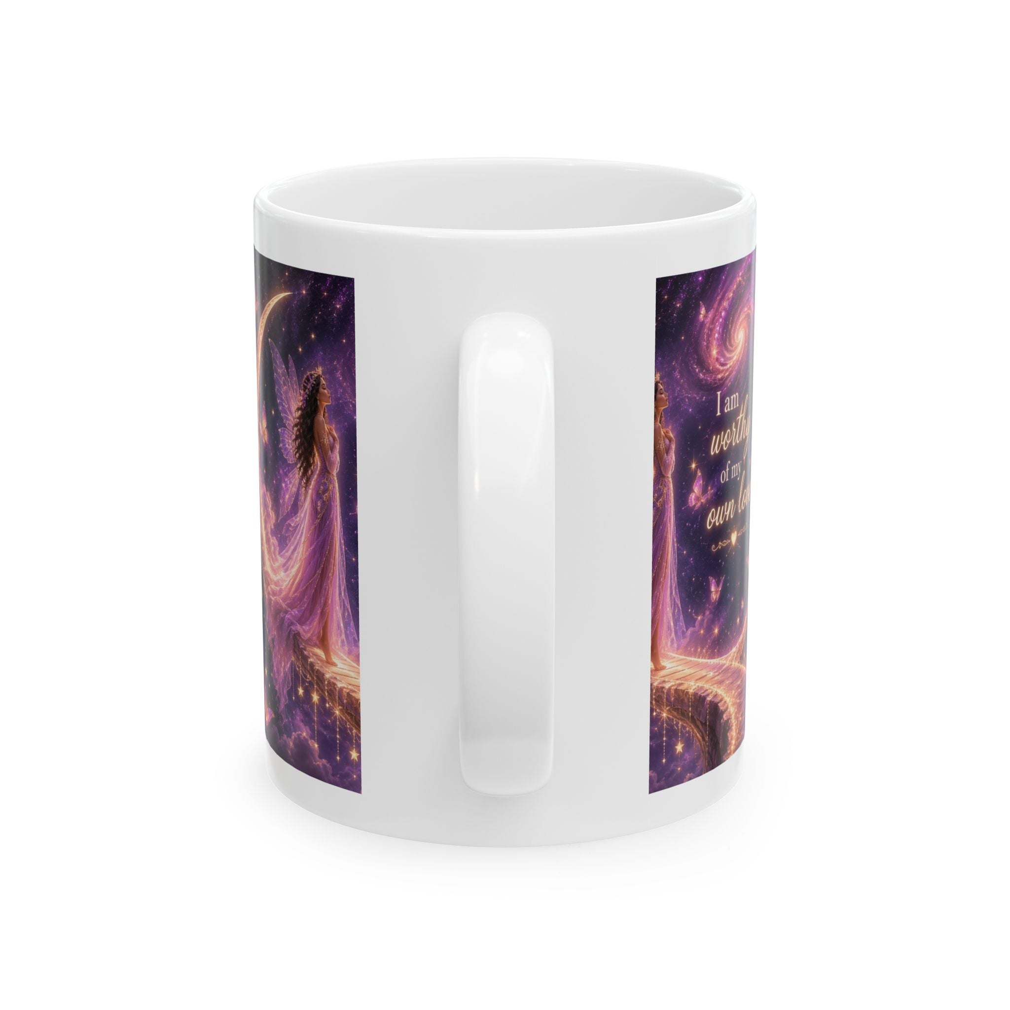 Inspirational Ceramic Mug – “I am worthy of my own love” Purple Fairy Night