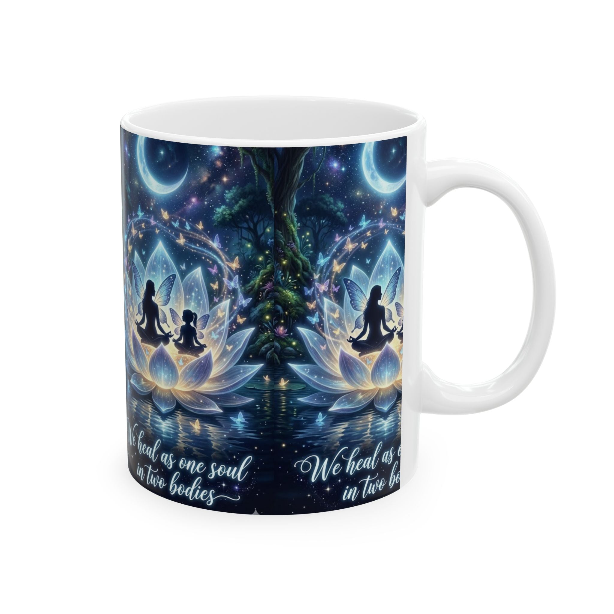 Yoga Lotus Mug – “We Heal as One Soul in Two Bodies” Spiritual Meditation Coffee Cup (11oz & 15oz)