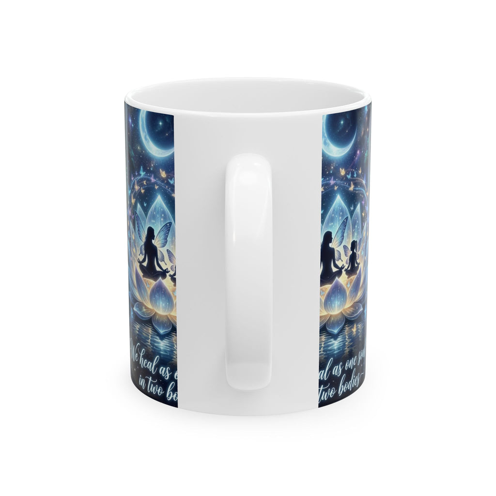 Yoga Lotus Mug – “We Heal as One Soul in Two Bodies” Spiritual Meditation Coffee Cup (11oz & 15oz)