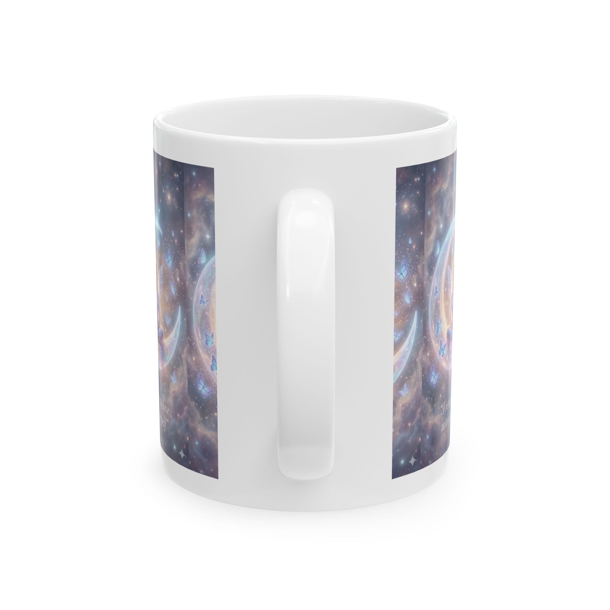 Meditation Moon Ceramic Mug – "I return to love within myself" Inspirational Spiritual Coffee Cup (11oz/15oz)