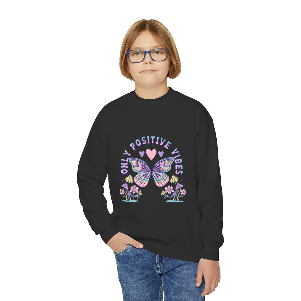 Youth Crewneck Sweatshirt — "Chill & Positive Vibes" Butterfly Graphic
