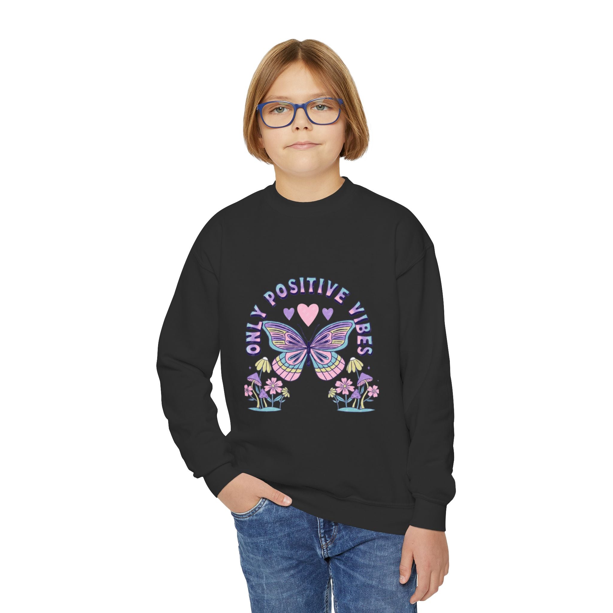 Youth Crewneck Sweatshirt — "Chill & Positive Vibes" Butterfly Graphic