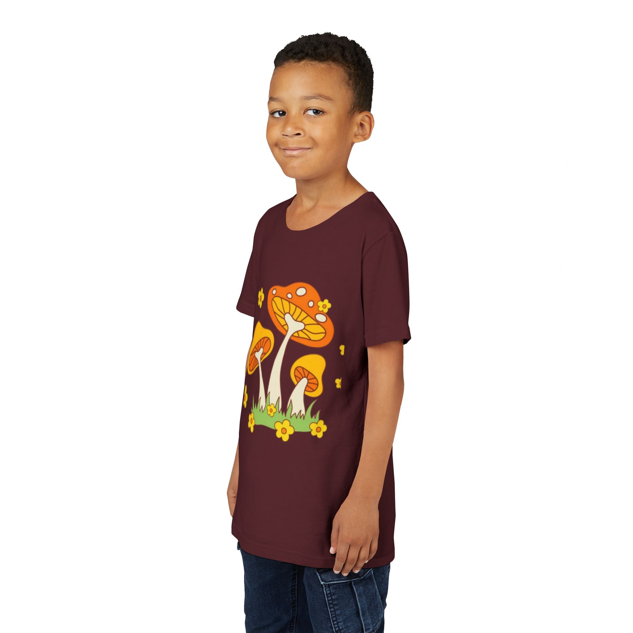 Mushroom Garden Youth T‑Shirt — Cute Orange Fungi Illustration for Kids