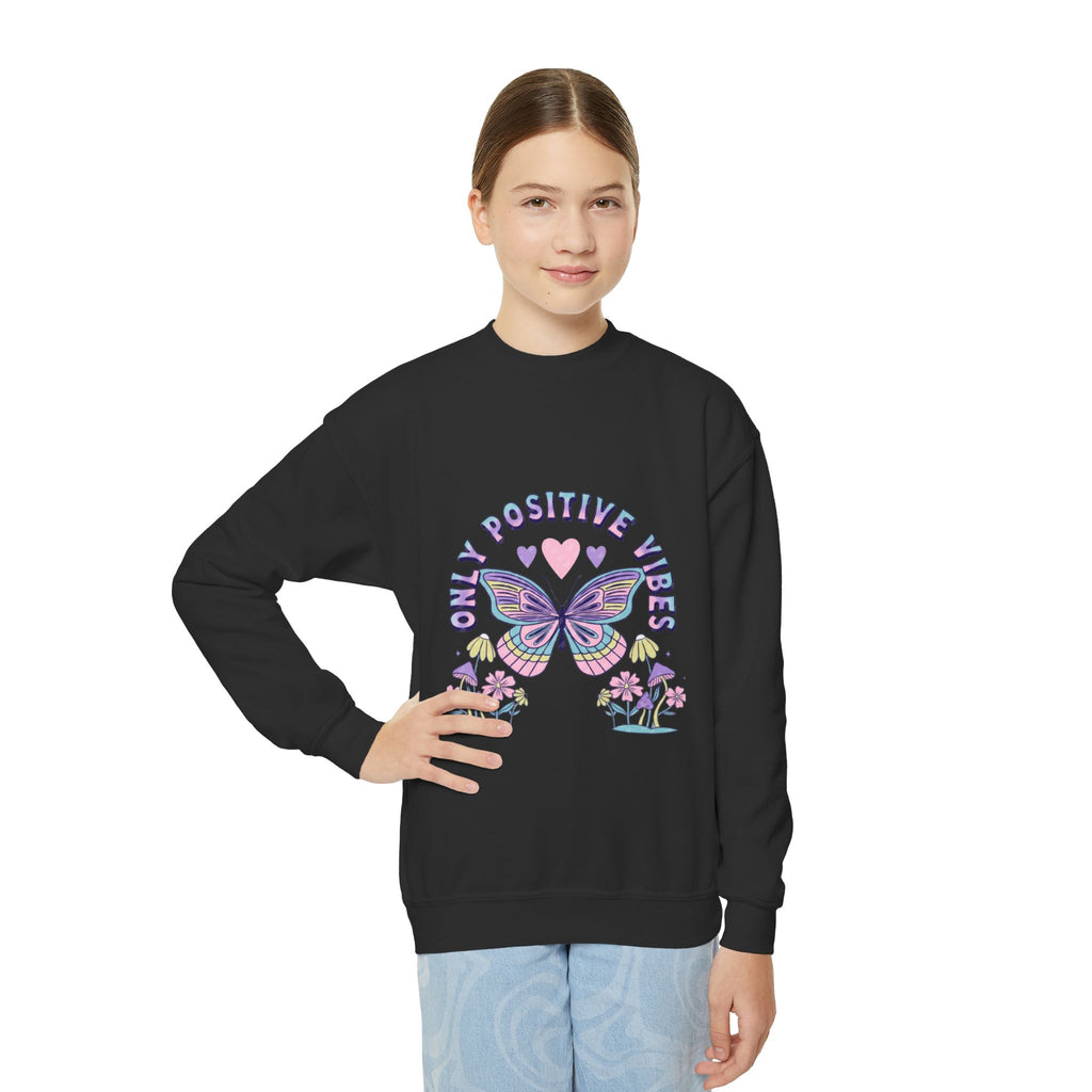 Youth Crewneck Sweatshirt — "Chill & Positive Vibes" Butterfly Graphic