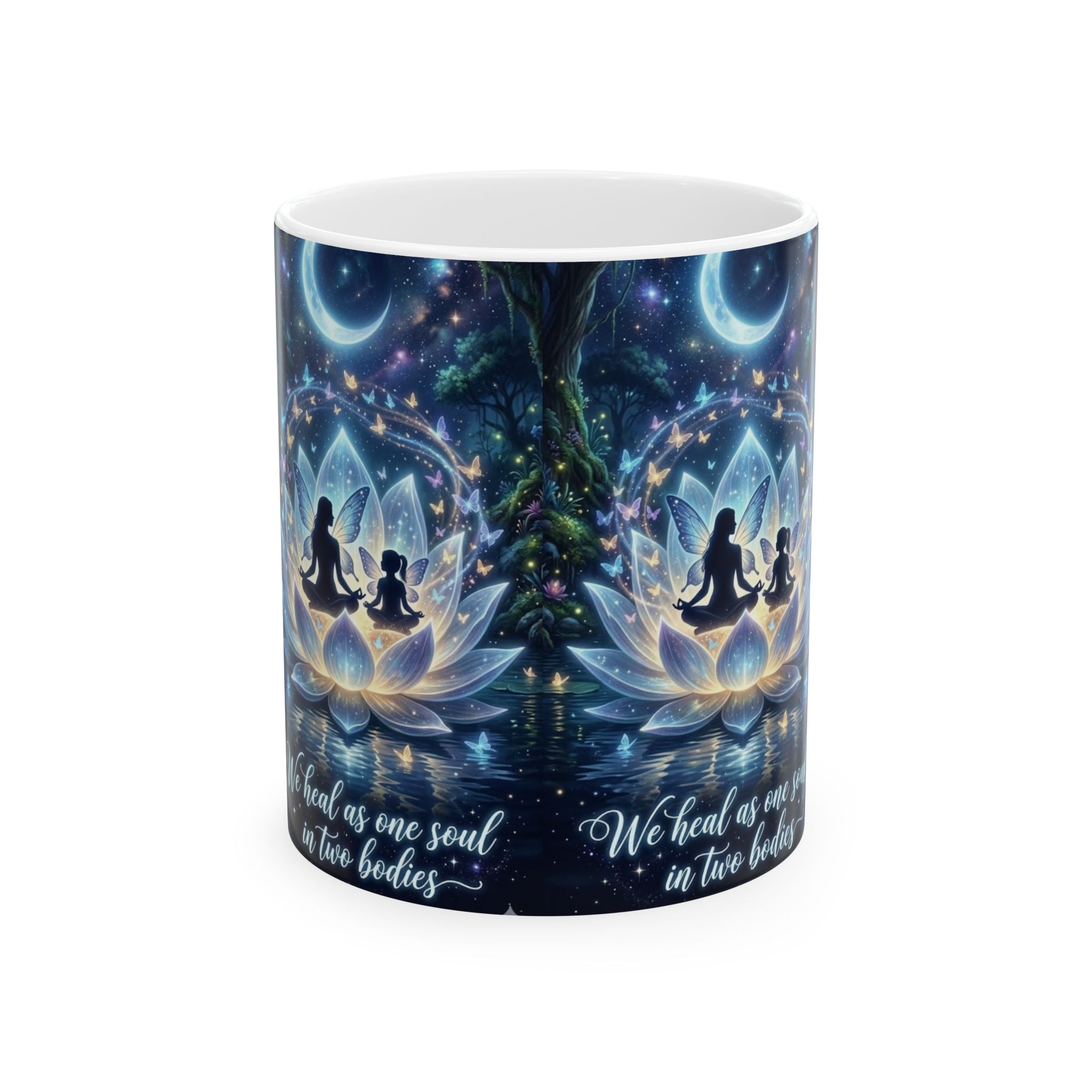 Yoga Lotus Mug – “We Heal as One Soul in Two Bodies” Spiritual Meditation Coffee Cup (11oz & 15oz)