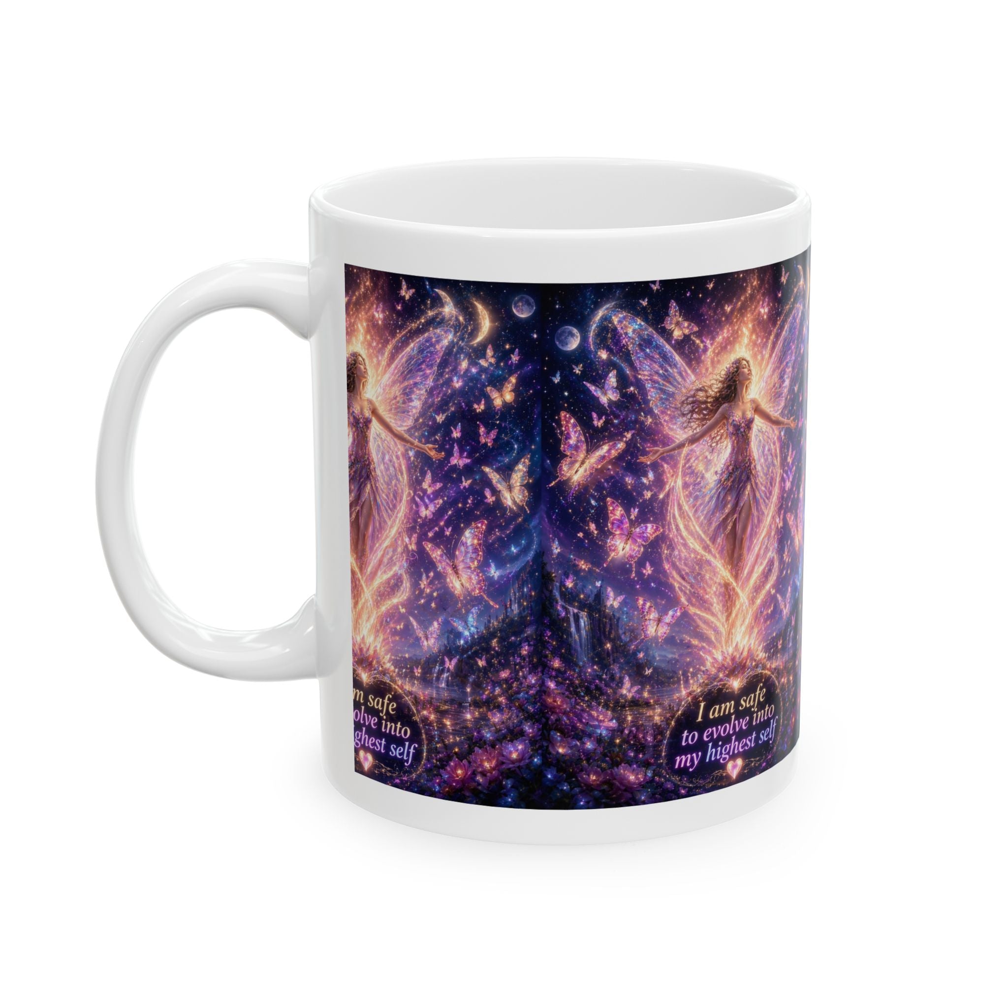 Mystical Fairy Affirmation Mug — 'I am safe to move into my true self' Ceramic Coffee Cup