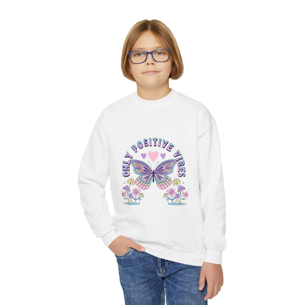 Youth Crewneck Sweatshirt — "Chill & Positive Vibes" Butterfly Graphic