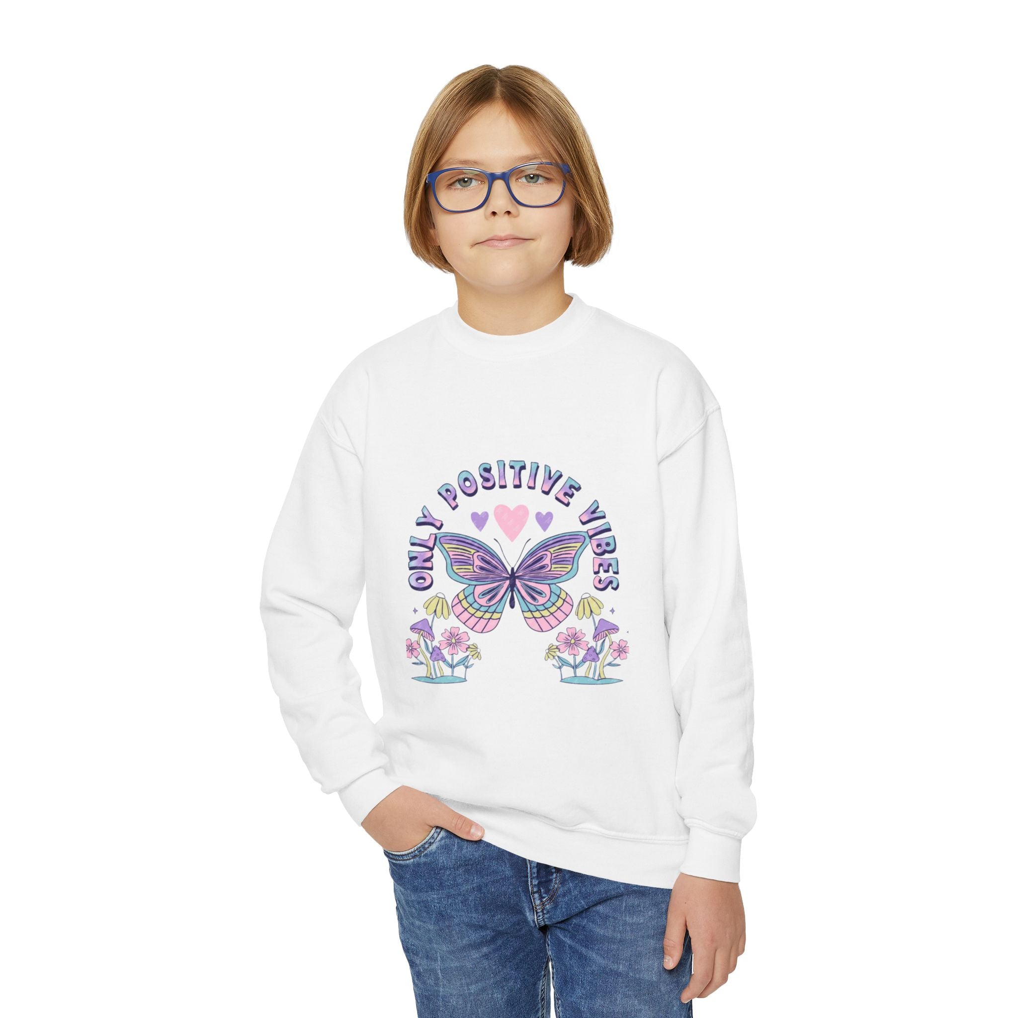 Youth Crewneck Sweatshirt — "Chill & Positive Vibes" Butterfly Graphic