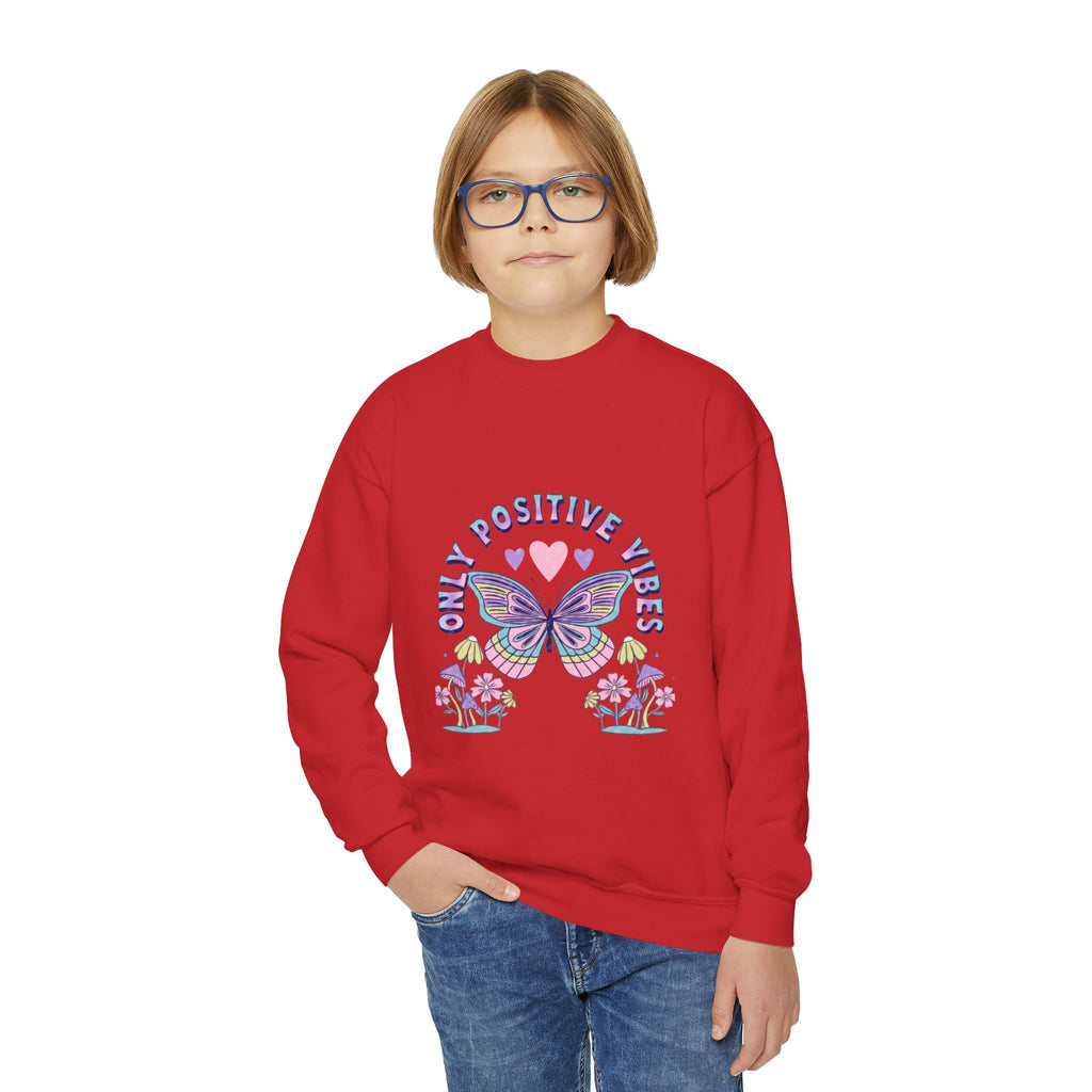Youth Crewneck Sweatshirt — "Chill & Positive Vibes" Butterfly Graphic
