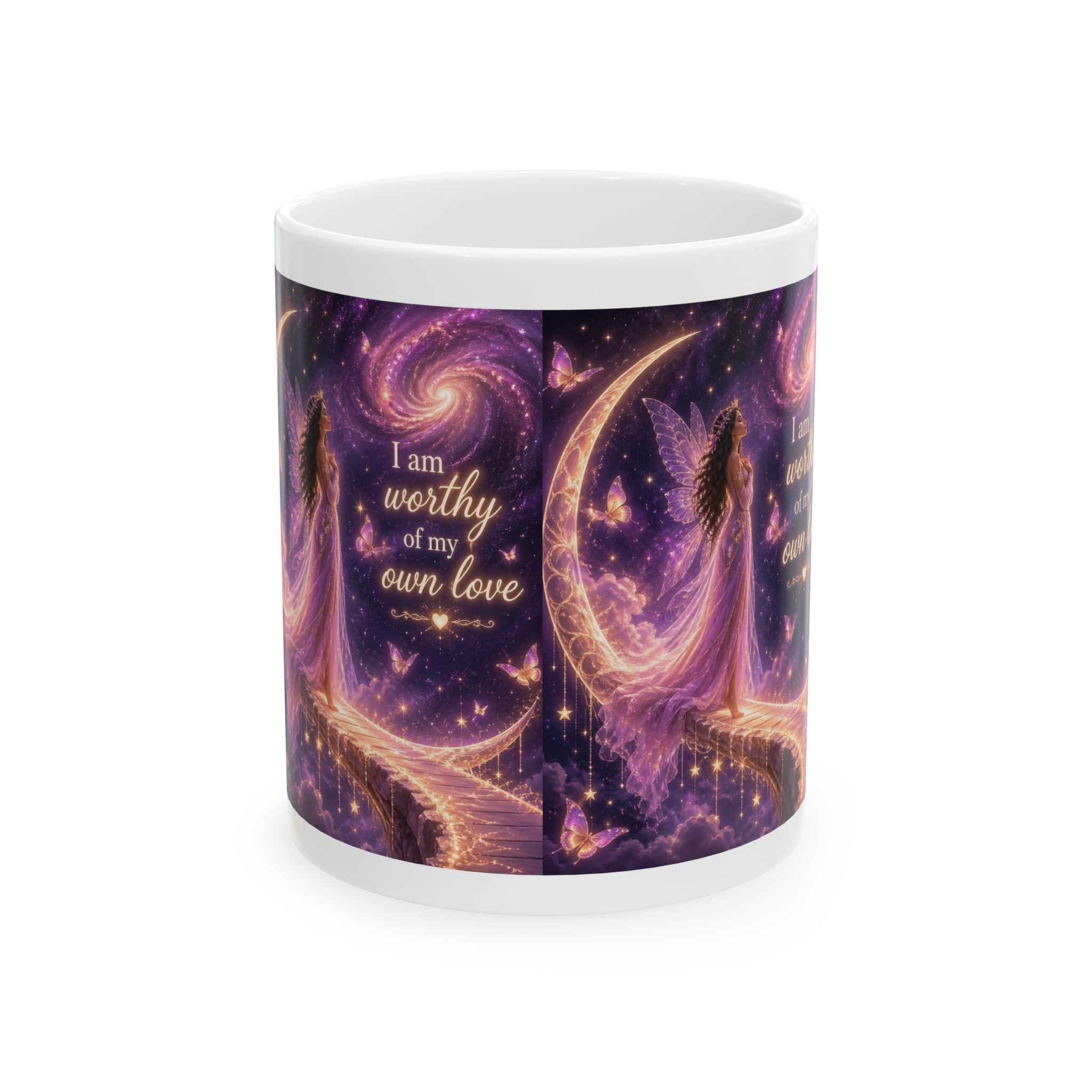 Inspirational Ceramic Mug – “I am worthy of my own love” Purple Fairy Night